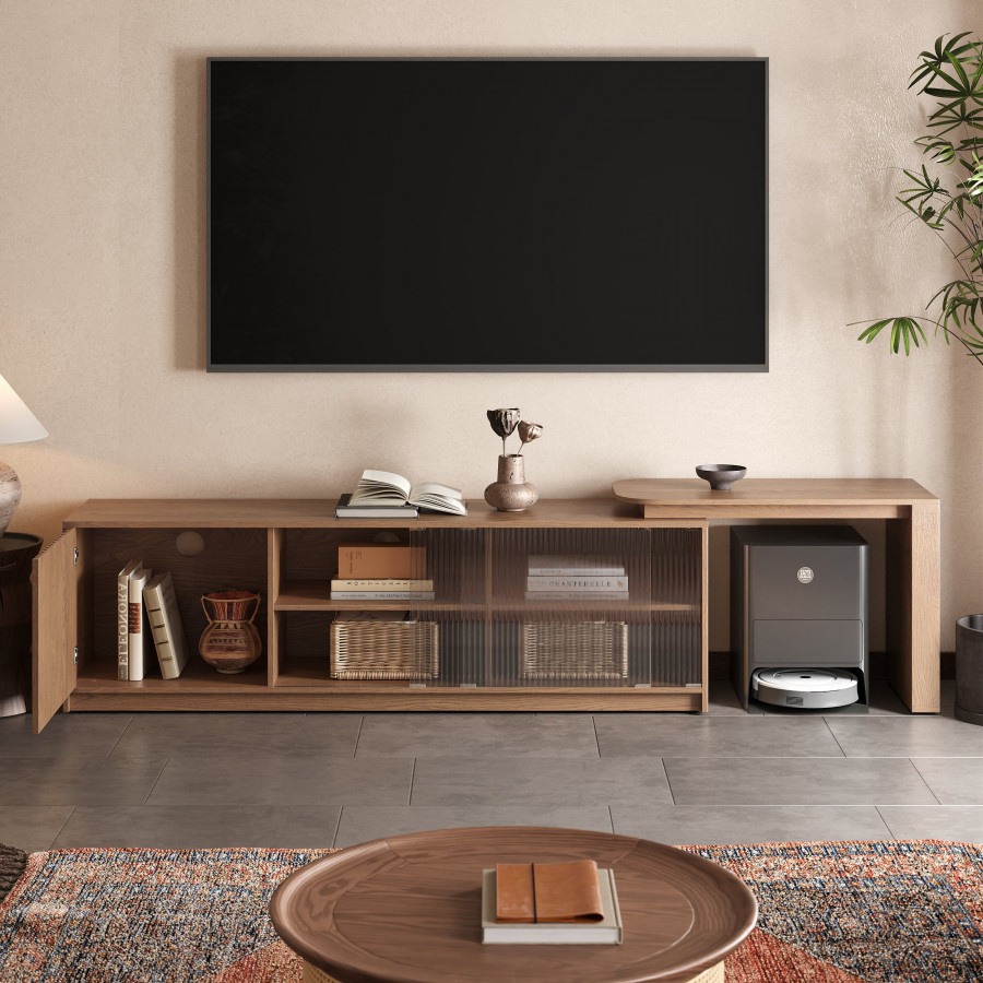 HMR - Walnut Extendable Glass Door TV Stand(65"-95")