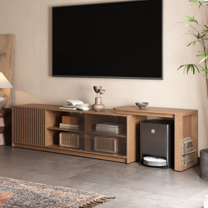 HMR - Walnut Extendable Glass Door TV Stand(65"-95")