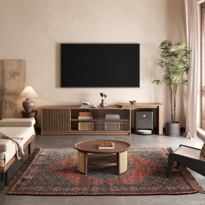 HMR - Walnut Extendable Glass Door TV Stand(65"-95")