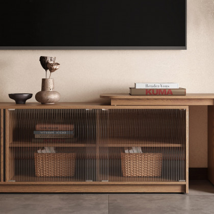 HMR - Walnut Extendable Glass Door TV Stand(65"-95")