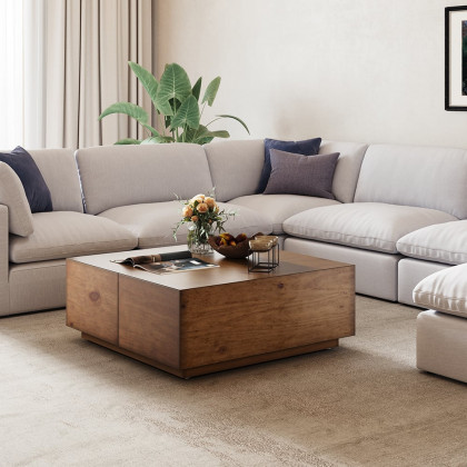 HMR - 110" 5-Piece Modular White Velvet L-Shape Sectional Sofa & Wooden Coffee Table