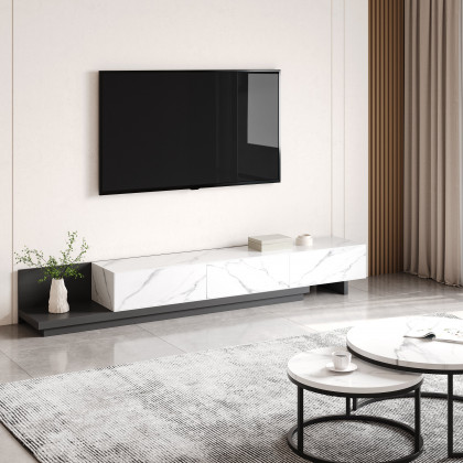 HMR Fero Extendable TV Stand with Drawers - White & Black, Sintered Stone, 79"
