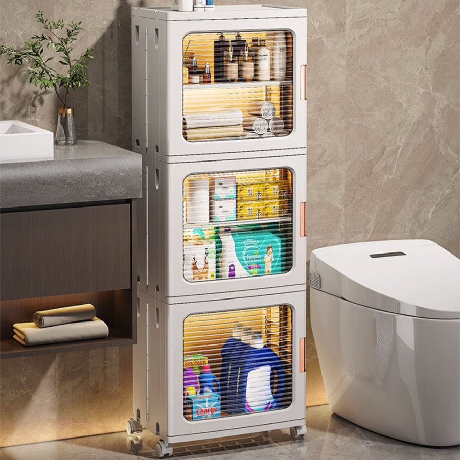 HMR - 3 Tiered White Bathroom Storage Cabinet Freestanding with 3 Shelves & Doors