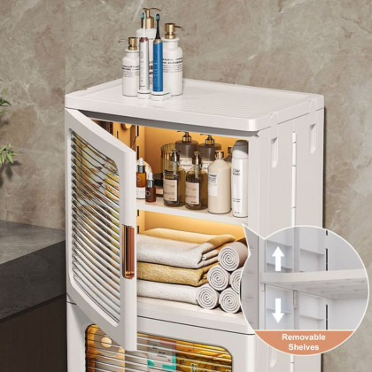 HMR - 3 Tiered White Bathroom Storage Cabinet Freestanding with 3 Shelves & Doors