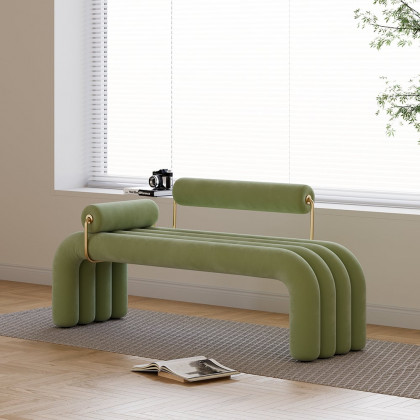HMR Modern Line Tufted Bench Velvet Upholstered Entryway Bench in Gold Finish - Green