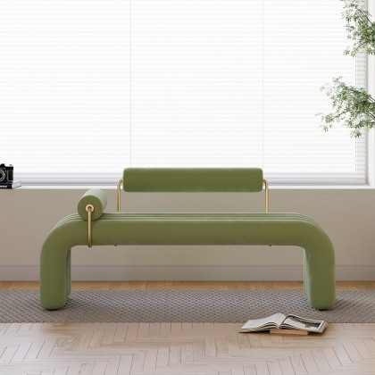 HMR Modern Line Tufted Bench Velvet Upholstered Entryway Bench in Gold Finish - Green