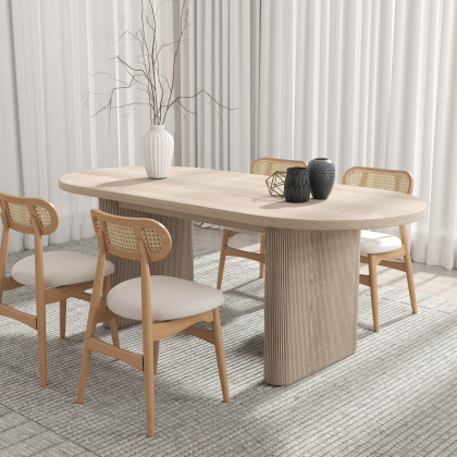HMR Dining Set 63"-79" Japandi Oval Extendable Dining Table Whitewash with Chairs - White, With 4 Chairs, Style C
