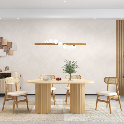 HMR Japandi Modern Wood Dining Chair with Faux Leather Upholstery - Natural, Set of 6