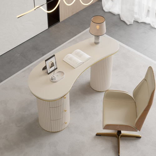 HMR 55.1" Modern Curved Desk 3-Drawer Wooden Home Office Desk Double Pedestal - Off-White