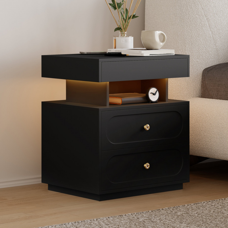 HMR Floating 3-Drawer LED Smart Nightstand with Light - Black, Single