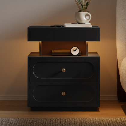 HMR Floating 3-Drawer LED Smart Nightstand with Light - Black, Single