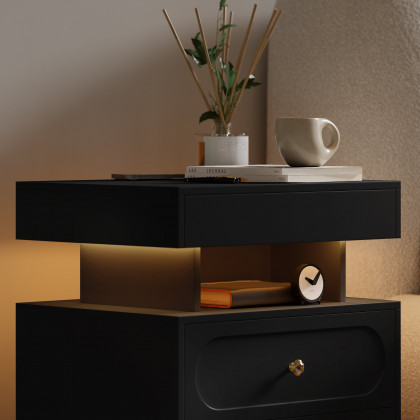 HMR Floating 3-Drawer LED Smart Nightstand with Light - Black, Single
