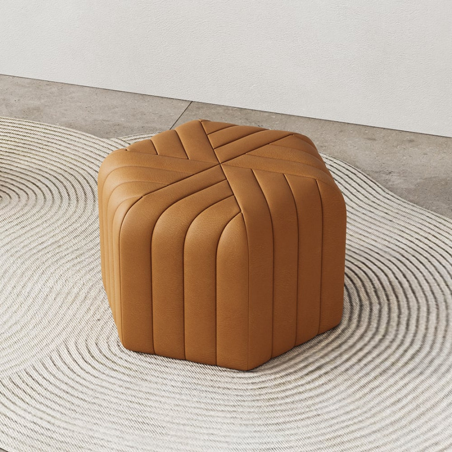 HMR Wide Hexagonal Pouf Ottoman - Brown, Velvet