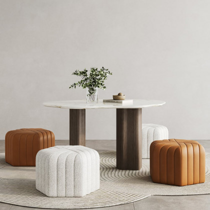 HMR Wide Hexagonal Pouf Ottoman - Brown, Velvet