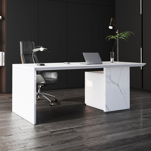 HMR Modern Home Office Desk with Movable File Cabinet - White, 70.9"