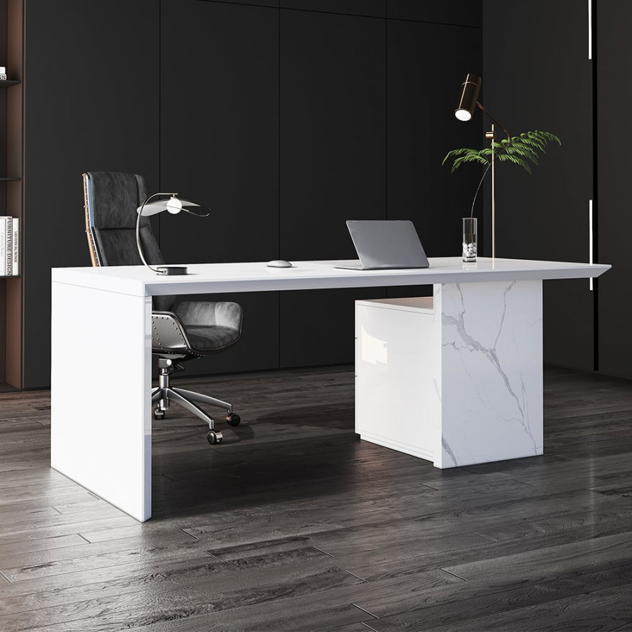 HMR Modern Home Office Desk with Movable File Cabinet - White, 70.9"