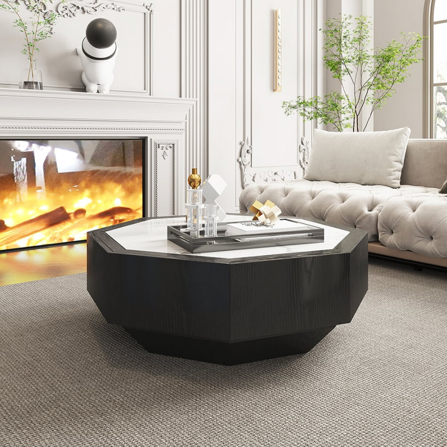 HMR - Wood Octagonal Coffee Table Rotating in Black with 2 Drawers Sintered Stone Top