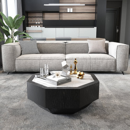 HMR - Wood Octagonal Coffee Table Rotating in Black with 2 Drawers Sintered Stone Top