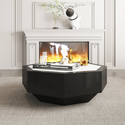 HMR - Wood Octagonal Coffee Table Rotating in Black with 2 Drawers Sintered Stone Top