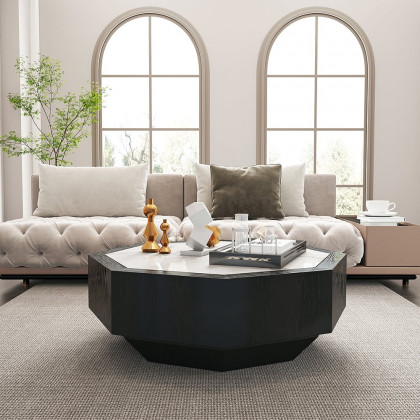 HMR - Wood Octagonal Coffee Table Rotating in Black with 2 Drawers Sintered Stone Top