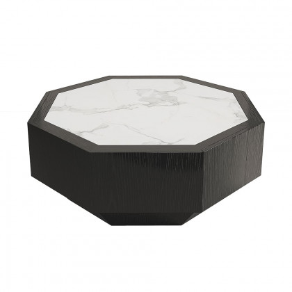 HMR - Wood Octagonal Coffee Table Rotating in Black with 2 Drawers Sintered Stone Top