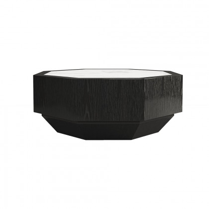 HMR - Wood Octagonal Coffee Table Rotating in Black with 2 Drawers Sintered Stone Top
