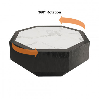 HMR - Wood Octagonal Coffee Table Rotating in Black with 2 Drawers Sintered Stone Top