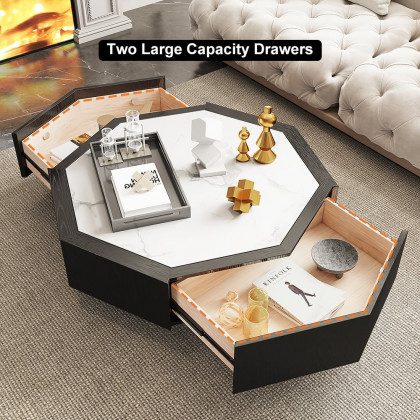 HMR - Wood Octagonal Coffee Table Rotating in Black with 2 Drawers Sintered Stone Top