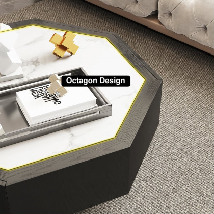 HMR - Wood Octagonal Coffee Table Rotating in Black with 2 Drawers Sintered Stone Top