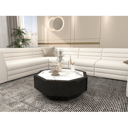 HMR - Wood Octagonal Coffee Table Rotating in Black with 2 Drawers Sintered Stone Top