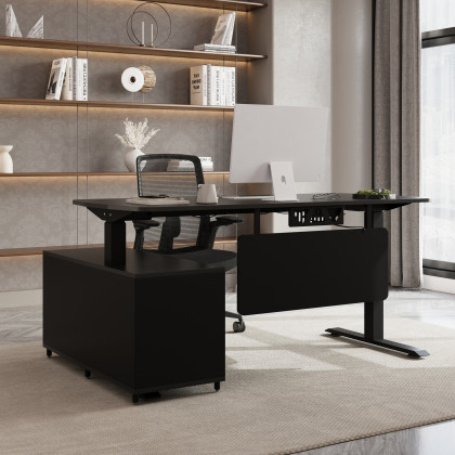 HMR Modern L Shaped Adjustable Electric Standing Executive Desk - Black, Right Hand
