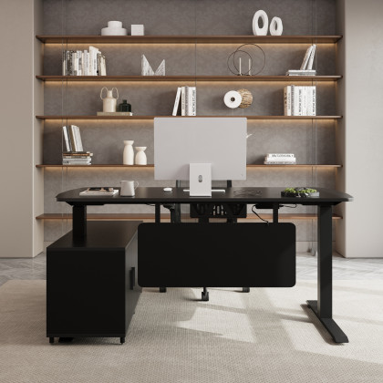HMR Modern L Shaped Adjustable Electric Standing Executive Desk - Black, Right Hand