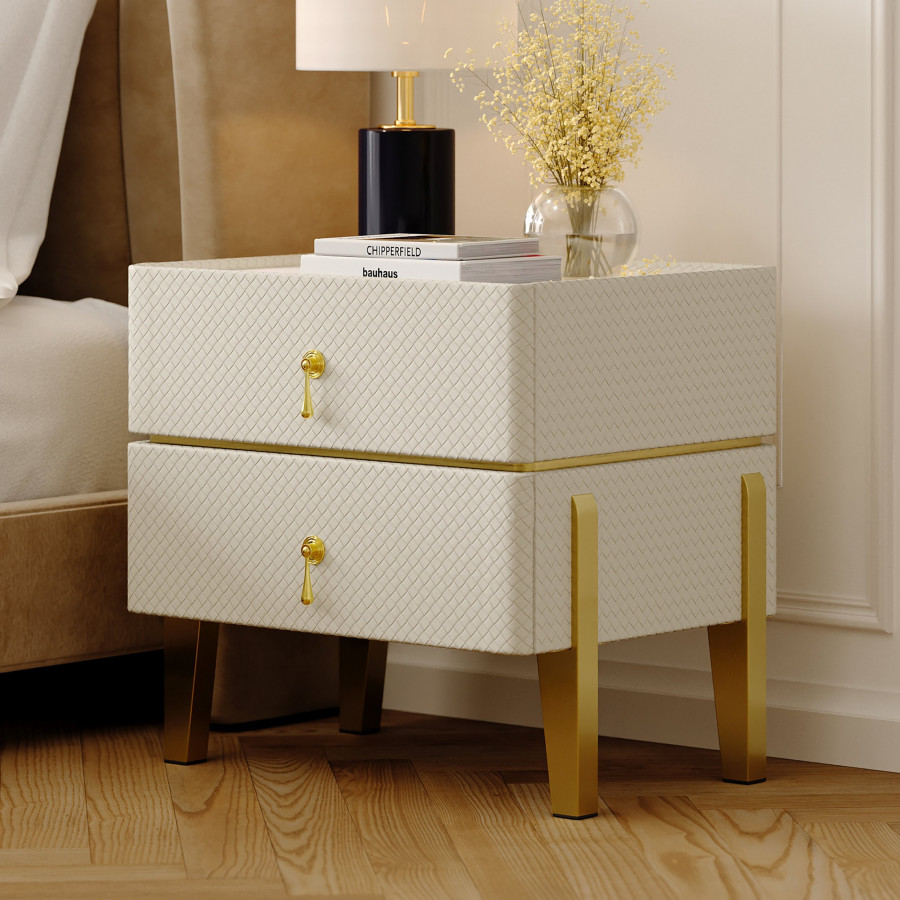 HMR - Modern White Smart Nightstand PU Leather 2 Drawer Bedside Table with Gold Legs