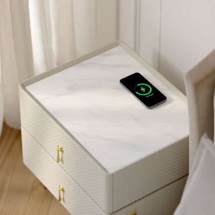 HMR - Modern White Smart Nightstand PU Leather 2 Drawer Bedside Table with Gold Legs
