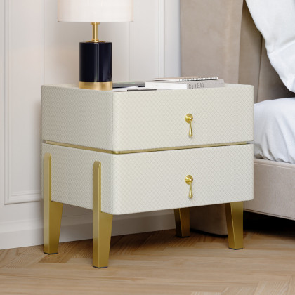 HMR - Modern White Smart Nightstand PU Leather 2 Drawer Bedside Table with Gold Legs