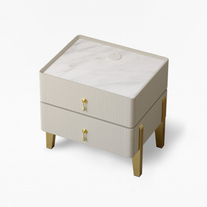 HMR - Modern White Smart Nightstand PU Leather 2 Drawer Bedside Table with Gold Legs