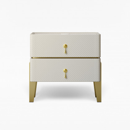 HMR - Modern White Smart Nightstand PU Leather 2 Drawer Bedside Table with Gold Legs