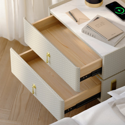 HMR - Modern White Smart Nightstand PU Leather 2 Drawer Bedside Table with Gold Legs