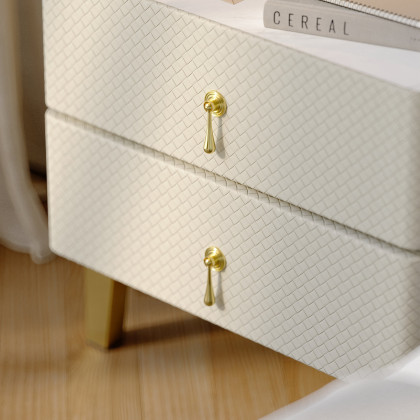 HMR - Modern White Smart Nightstand PU Leather 2 Drawer Bedside Table with Gold Legs
