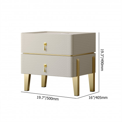 HMR - Modern White Smart Nightstand PU Leather 2 Drawer Bedside Table with Gold Legs