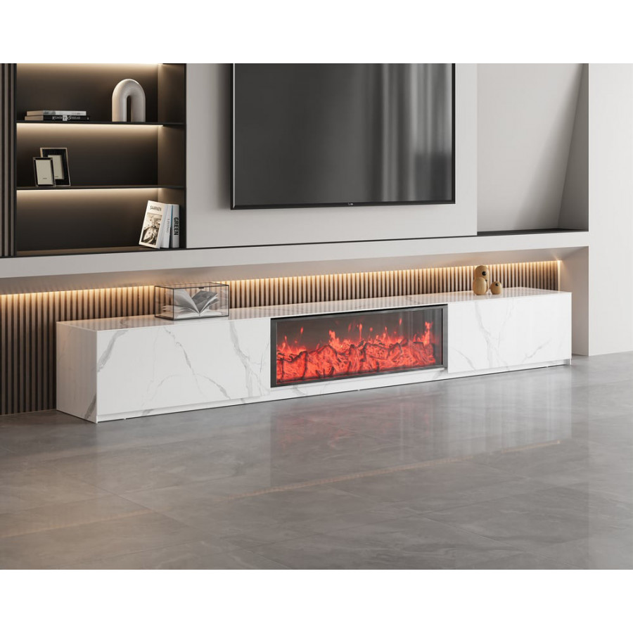 HMR Electric Fireplace TV Stand with 2 Drawers - White, Sintered Stone, 78.7"W×15.4"D×15.4"H