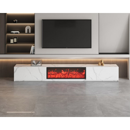 HMR Electric Fireplace TV Stand with 2 Drawers - White, Sintered Stone, 78.7"W×15.4"D×15.4"H