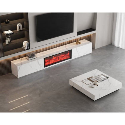 HMR Electric Fireplace TV Stand with 2 Drawers - White, Sintered Stone, 78.7"W×15.4"D×15.4"H