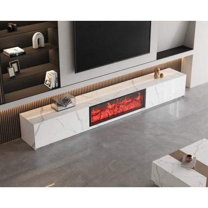 HMR Electric Fireplace TV Stand with 2 Drawers - White, Sintered Stone, 78.7"W×15.4"D×15.4"H