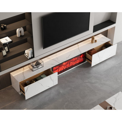HMR Electric Fireplace TV Stand with 2 Drawers - White, Sintered Stone, 78.7"W×15.4"D×15.4"H