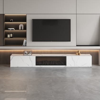 HMR Electric Fireplace TV Stand with 2 Drawers - White, Sintered Stone, 78.7"W×15.4"D×15.4"H