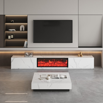 HMR Electric Fireplace TV Stand with 2 Drawers - White, Sintered Stone, 78.7"W×15.4"D×15.4"H