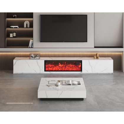 HMR Electric Fireplace TV Stand with 2 Drawers - White, Sintered Stone, 78.7"W×15.4"D×15.4"H