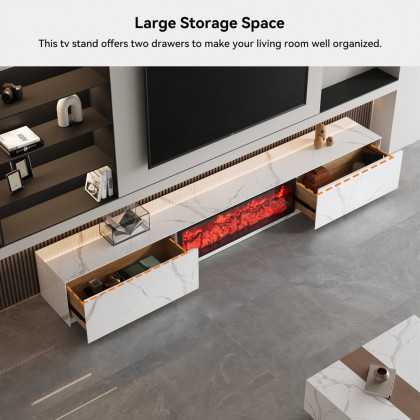 HMR Electric Fireplace TV Stand with 2 Drawers - White, Sintered Stone, 78.7"W×15.4"D×15.4"H