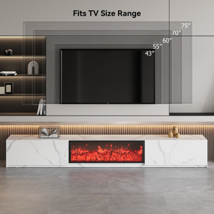 HMR Electric Fireplace TV Stand with 2 Drawers - White, Sintered Stone, 78.7"W×15.4"D×15.4"H